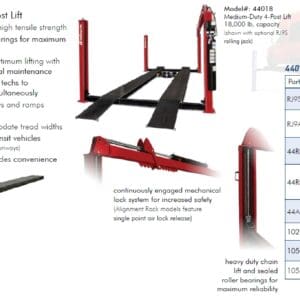 Red 4-post car lift with ramps