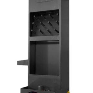 Tall black metal cabinet with pegs and gauge