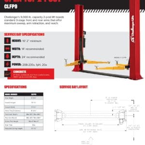 Red open-top two-post vehicle lift with yellow arms