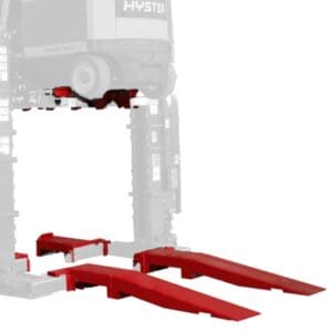 Red forklift fork extensions on lift