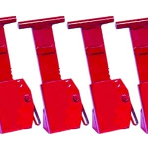 Four red industrial screw jacks