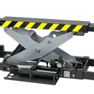 Hydraulic scissor lift with yellow warning stripe