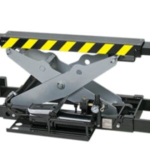 Hydraulic scissor motorcycle lift with hazard stripes