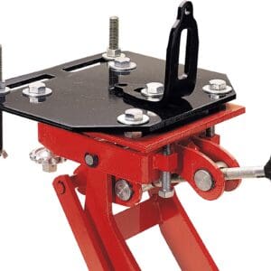 Red motorcycle lift jack with adjustable mounting plate