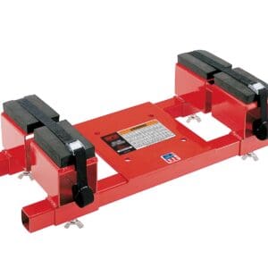 Adjustable red motorcycle wheel chock with straps