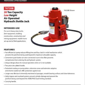 Red Norco 20-ton low-height hydraulic bottle jack