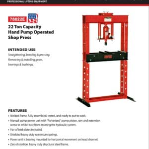 Norco red 22 ton hand pump shop press
