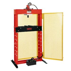 Red hydraulic shop press with yellow safety guard