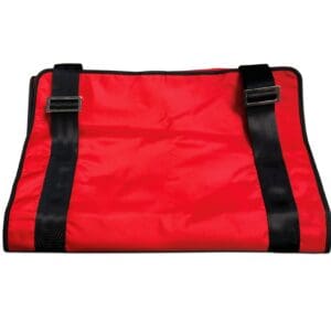 Folded red nylon bag with black straps