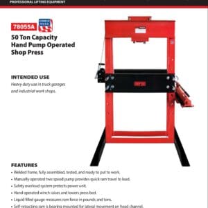 Red Norco 50-ton hand pump shop press