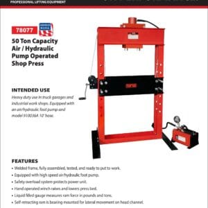Shop Press, 50 Ton, Air/Hydraulic, 13-1/4" Stroke (Norco: model 78077)