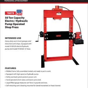Shop Press, 50 Ton, Electric/Hydraulic, 13-1/4" Stroke (Norco: model 78078)