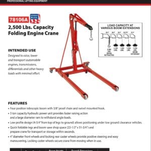 Engine Crane, 2,500 lb. Capacity, Folding, USA Made (Norco: model 78106A)