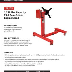 Engine Stand, 1,250 lb. Capacity, Gear Driven (Norco: model 78155)