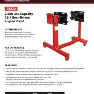 Engine Stand, 2,000 lb. Capacity, Gear Driven (Norco: model 78230)