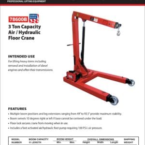 Shop Crane, 3 Ton, Air/Hydraulic (Norco: model 78600B)