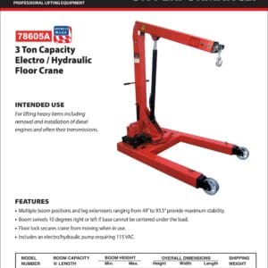 Shop Crane, 3 Ton, Electric/Hydraulic (Norco: model 78605A)