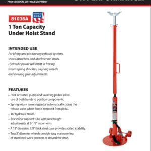 Under Hoist Stand, 1 Ton, Hydraulic Jack, with Wheels (Norco: model 81036A)