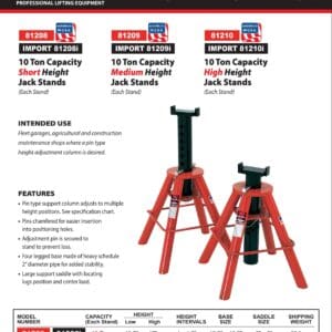 Jack Stands, 10 Ton, Pin Type, Tall Height, USA Made (Norco: model 81210)