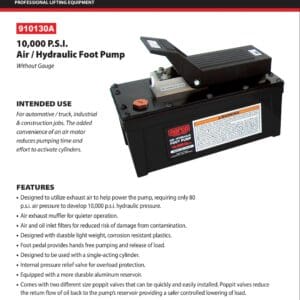 Hydraulic Pump, 10,000 PSI, Foot, Air (Norco: model 910130A)