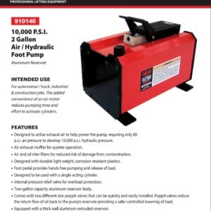 Hydraulic Foot Pump, 10,000 PSI, 2 Gallon Aluminum Reservoir (Norco: model 910140)