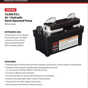 Hydraulic Pump, 10,000 PSI, Air, with Hand-Operated Controls (Norco: model 910165)