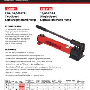 Hydraulic Pump. 10,000 PSI, Hand Operation (Norco: model 925012A)