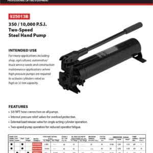Hydraulic Pump, 350/10,000 PSI, Hand Operation, Two Speed (Norco: model 925013B)
