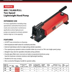 Hydraulic Pump, 400/10,000 PSI, 2 Speed, Hand Operation, 4-Way Valve (Norco: model 925014)