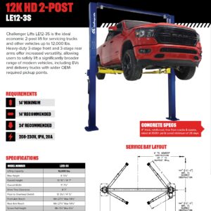 2 Post Lift, 12,000 lb. capacity, Symmetric, with 3 Stage Front and Rear Arms (Challenger Lift: model LE12-3S)